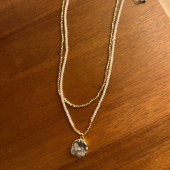 Double-strand dainty and delicate, blue and gold metallic druzy pendant necklace - Picture 1 of 3